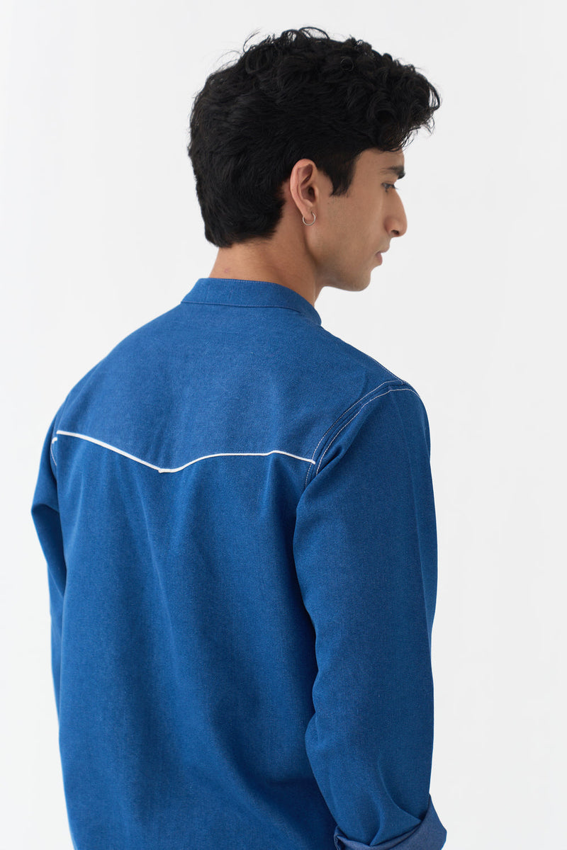 Emb. Patch Pocket Kurta Co-Ord denim co-ord set by THREE Men in blue,ivory for men in Singapore