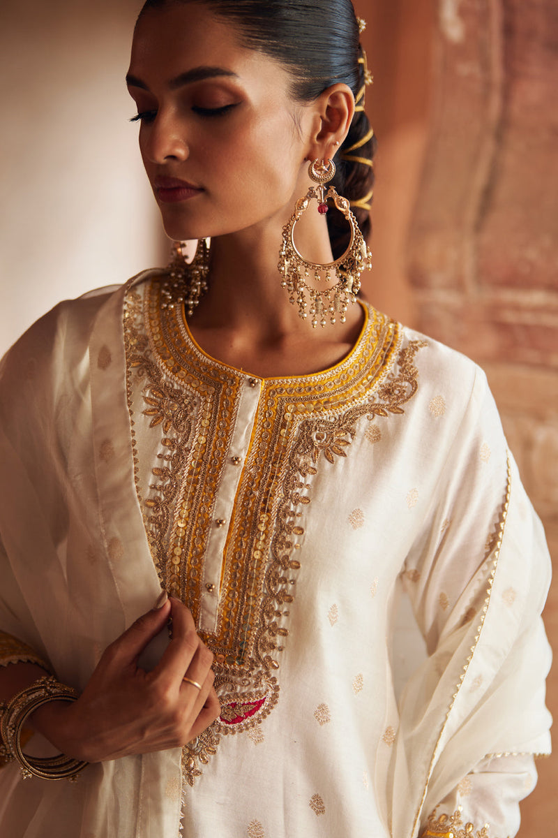 INAAYAT - DAISY IVORY CHAUGA WITH SALWAR chanderi silk kurta/kurta set by SHEETAL BATRA in ivory for women in Singapore