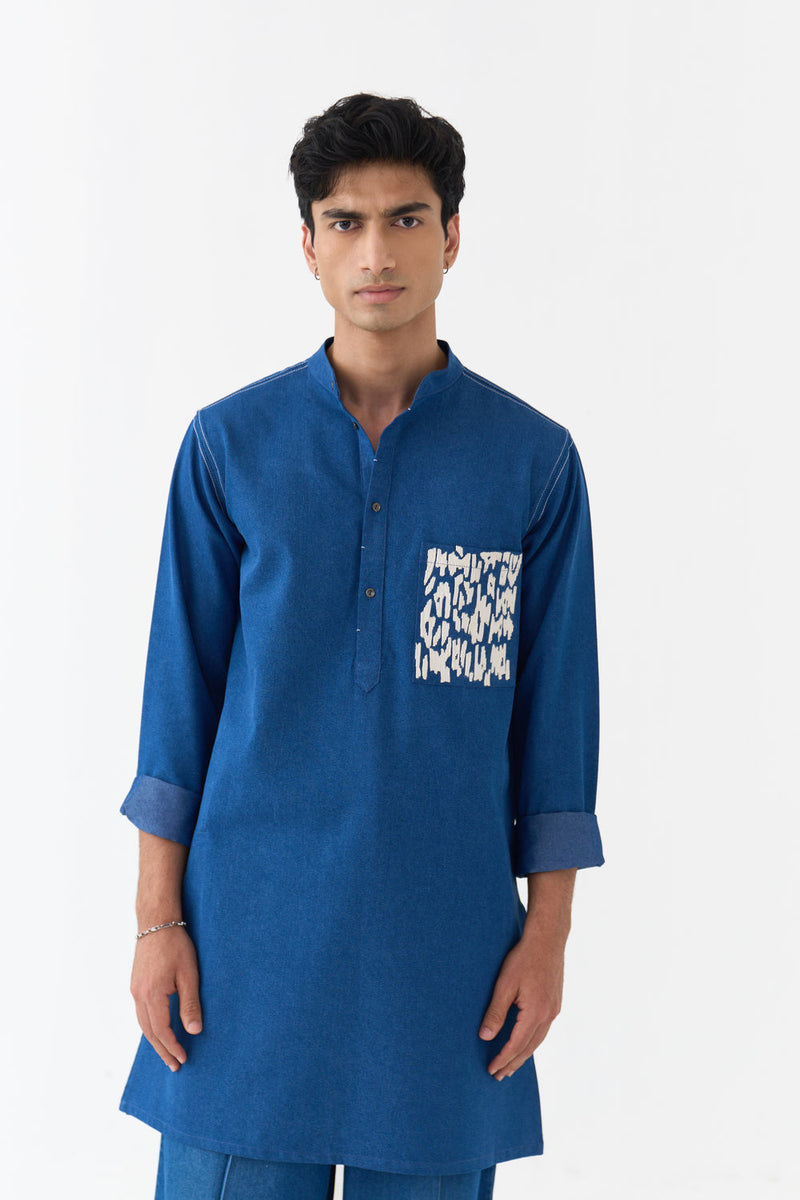 Emb. Patch Pocket Kurta denim kurta/kurta set by THREE Men in blue for men in Singapore