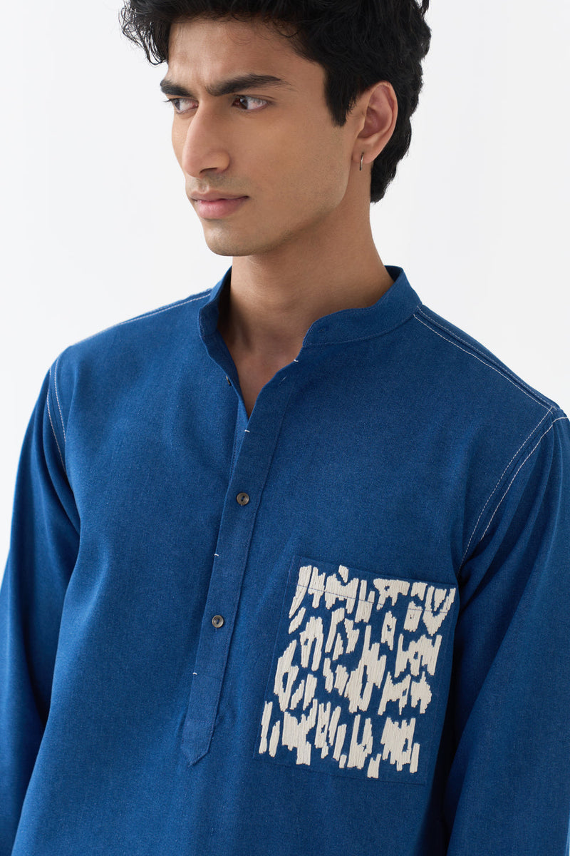Emb. Patch Pocket Kurta denim kurta/kurta set by THREE Men in blue for men in Singapore