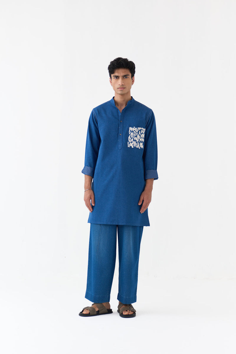 Emb. Patch Pocket Kurta Co-Ord denim co-ord set by THREE Men in blue,ivory for men in Singapore
