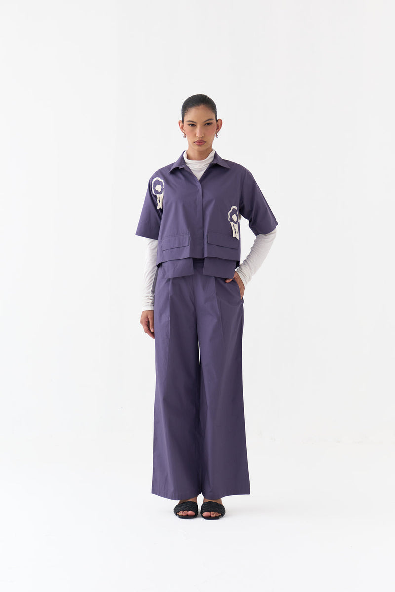 Crop Fringe Top Co-Ord-Ash Violet poplin co-ord set by THREE in voilet for women in Singapore
