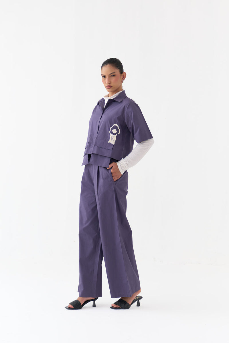 Crop Fringe Top Co-Ord-Ash Violet poplin co-ord set by THREE in voilet for women in Singapore