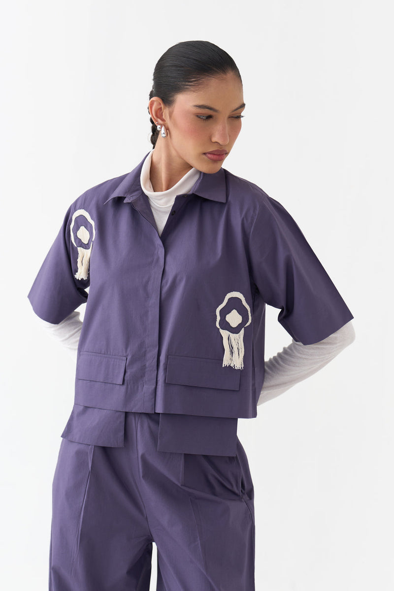 Crop Fringe Top-Ash Violet poplin top/shirt by THREE in violet for women in Singapore