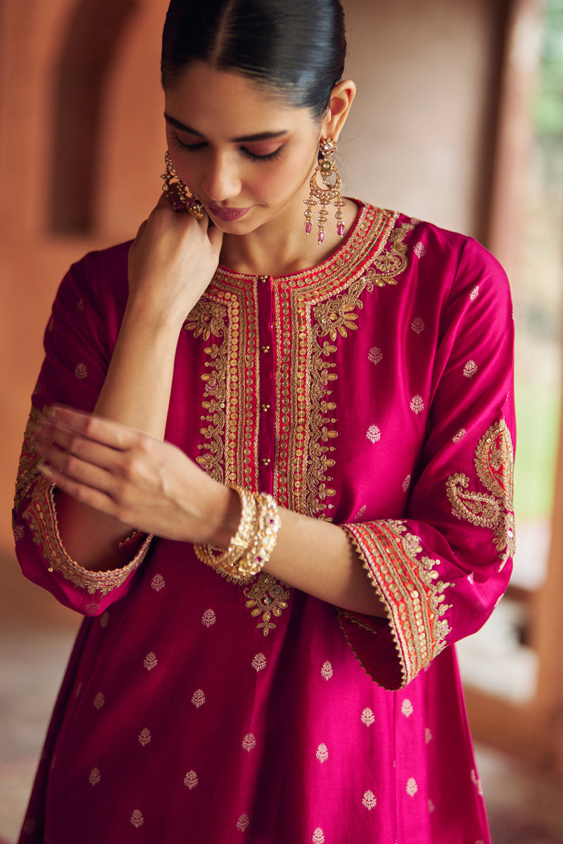 INAAYAT - HOTPINK CHAUGA WITH SALWAR chanderi silk kurta/kurta set by SHEETAL BATRA in pink for women in Singapore
