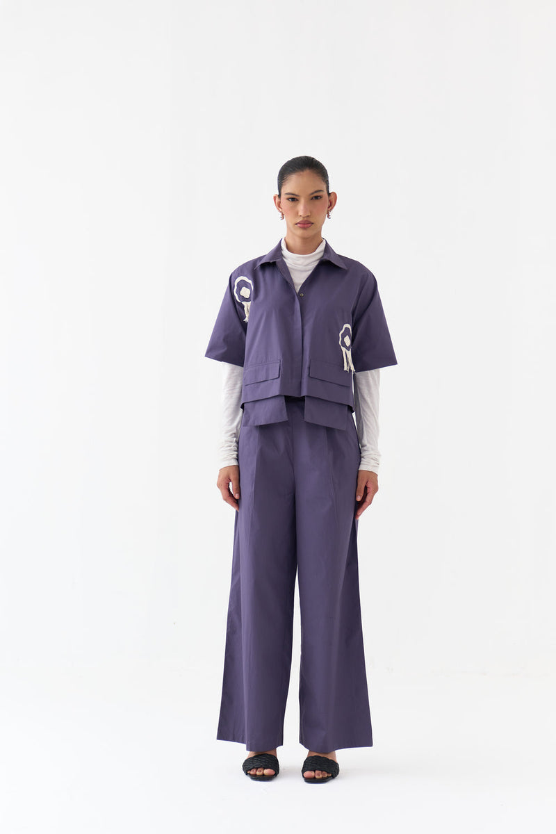 Crop Fringe Top Co-Ord-Ash Violet poplin co-ord set by THREE in voilet for women in Singapore