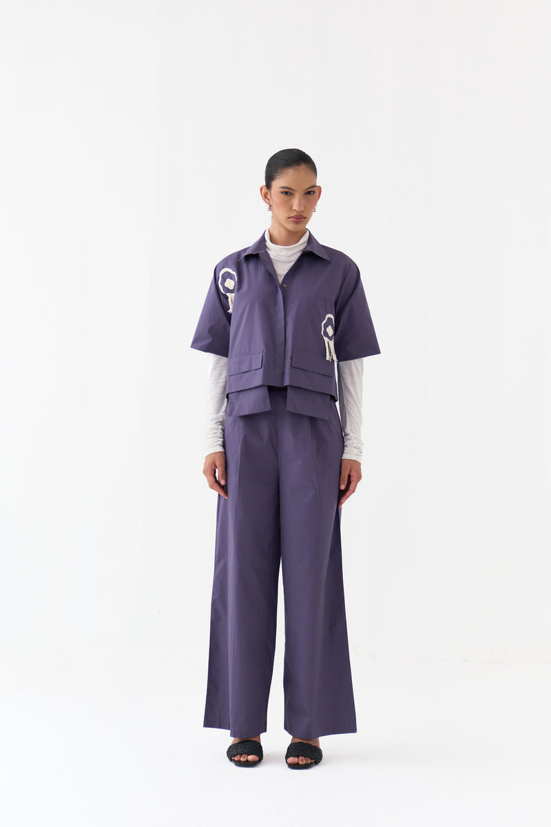 Crop Fringe Top-Ash Violet poplin top/shirt by THREE in violet for women in Singapore