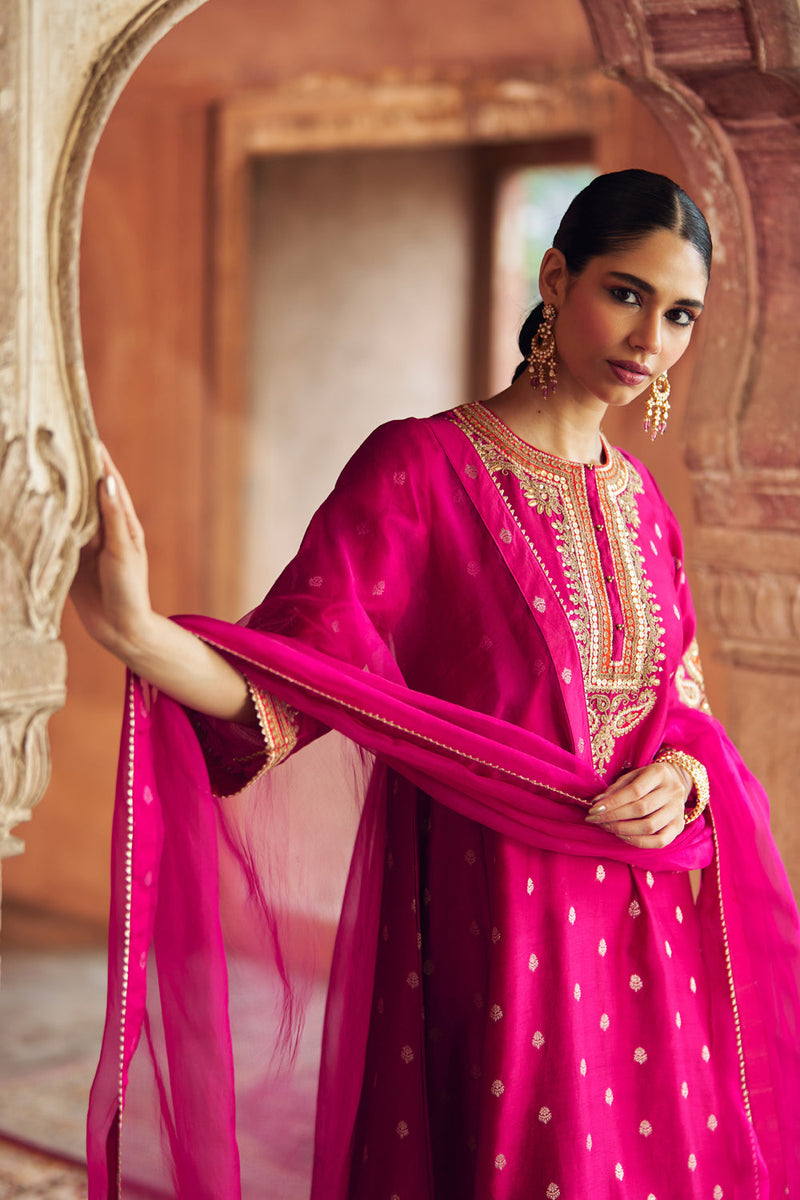 INAAYAT - HOTPINK CHAUGA WITH SALWAR chanderi silk kurta/kurta set by SHEETAL BATRA in pink for women in Singapore
