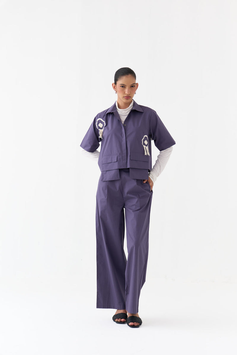 Crop Fringe Top-Ash Violet poplin top/shirt by THREE in violet for women in Singapore