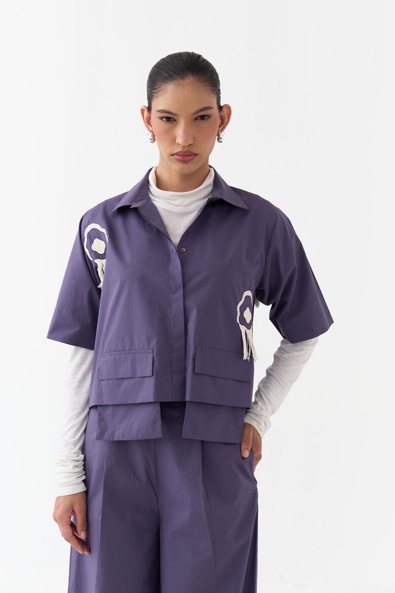 Crop Fringe Top-Ash Violet poplin top/shirt by THREE in violet for women in Singapore