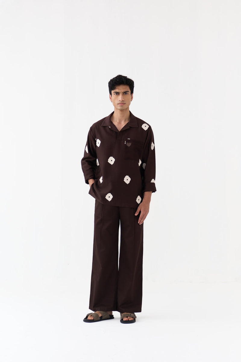 Block Print V-Neck Shirt Co-Ord chanderi,poplin co-ord set by THREE Men in dark brown for men in Singapore