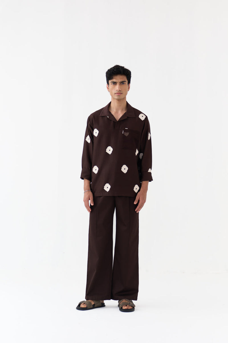 Block Print V-Neck Shirt Co-Ord chanderi,poplin co-ord set by THREE Men in dark brown for men in Singapore