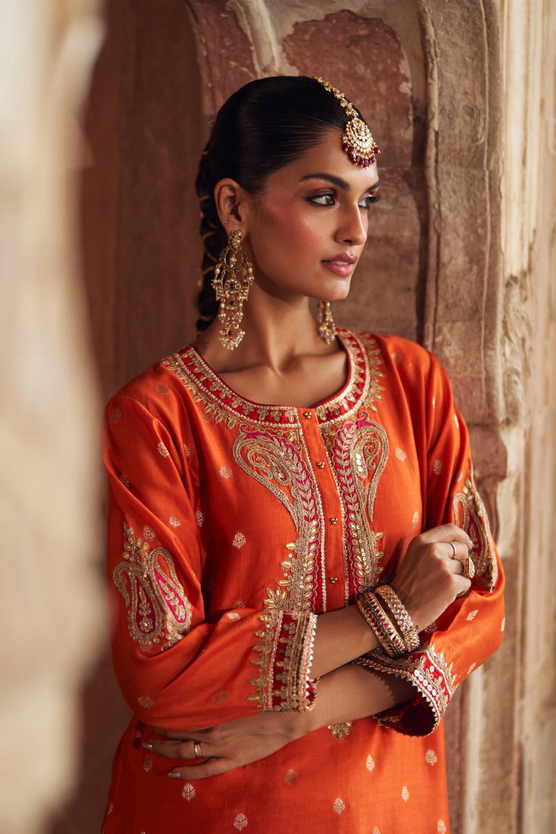 FAHMIDA - BURNT ORANGE SHORT KURTA WITH SALWAR chanderi silk kurta/kurta set by SHEETAL BATRA in orange for women in Singapore