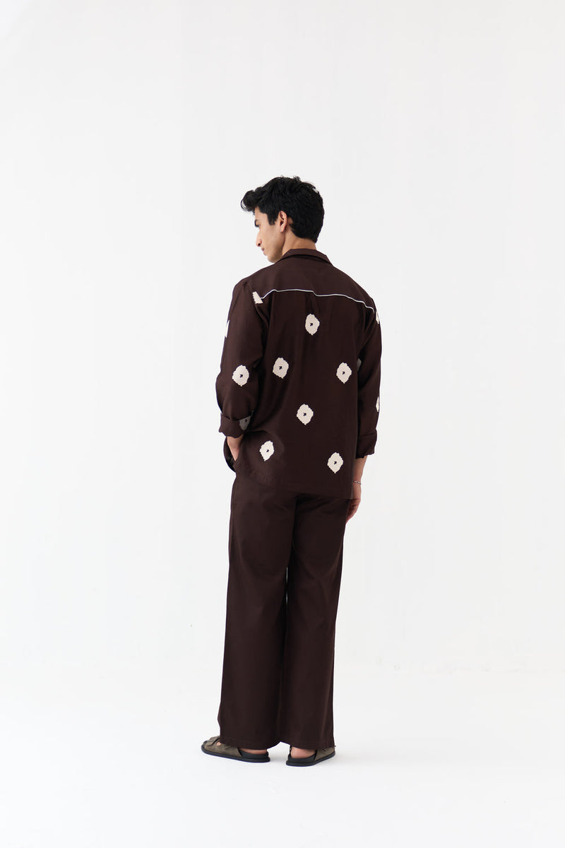 Block Print V-Neck Shirt Co-Ord chanderi,poplin co-ord set by THREE Men in dark brown for men in Singapore