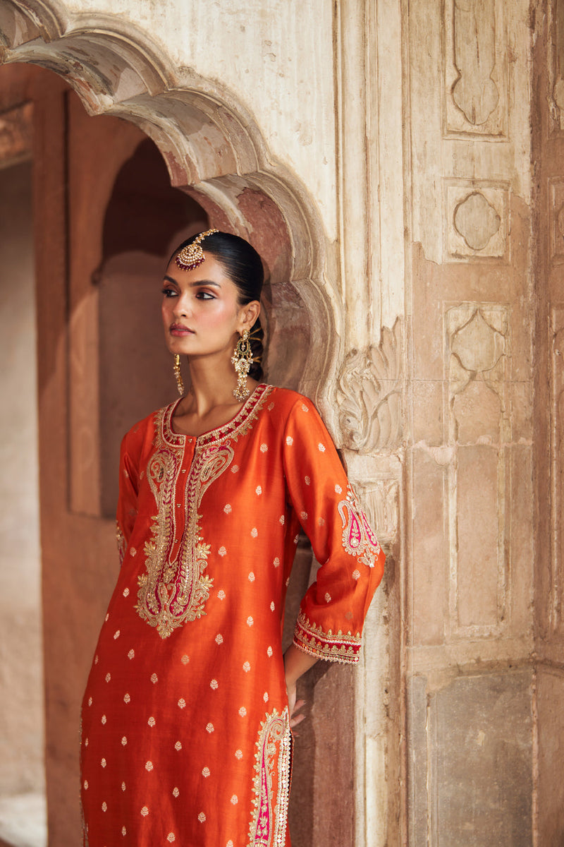 FAHMIDA - BURNT ORANGE SHORT KURTA WITH SALWAR chanderi silk kurta/kurta set by SHEETAL BATRA in orange for women in Singapore