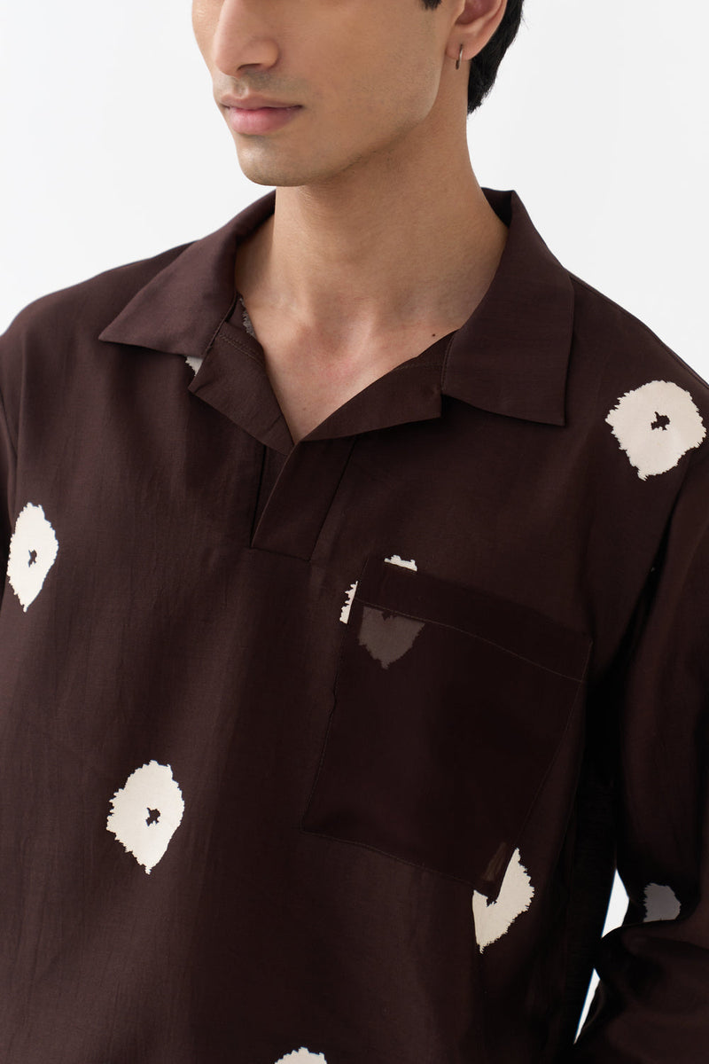 Block Print V-Neck Shirt Co-Ord chanderi,poplin co-ord set by THREE Men in dark brown for men in Singapore