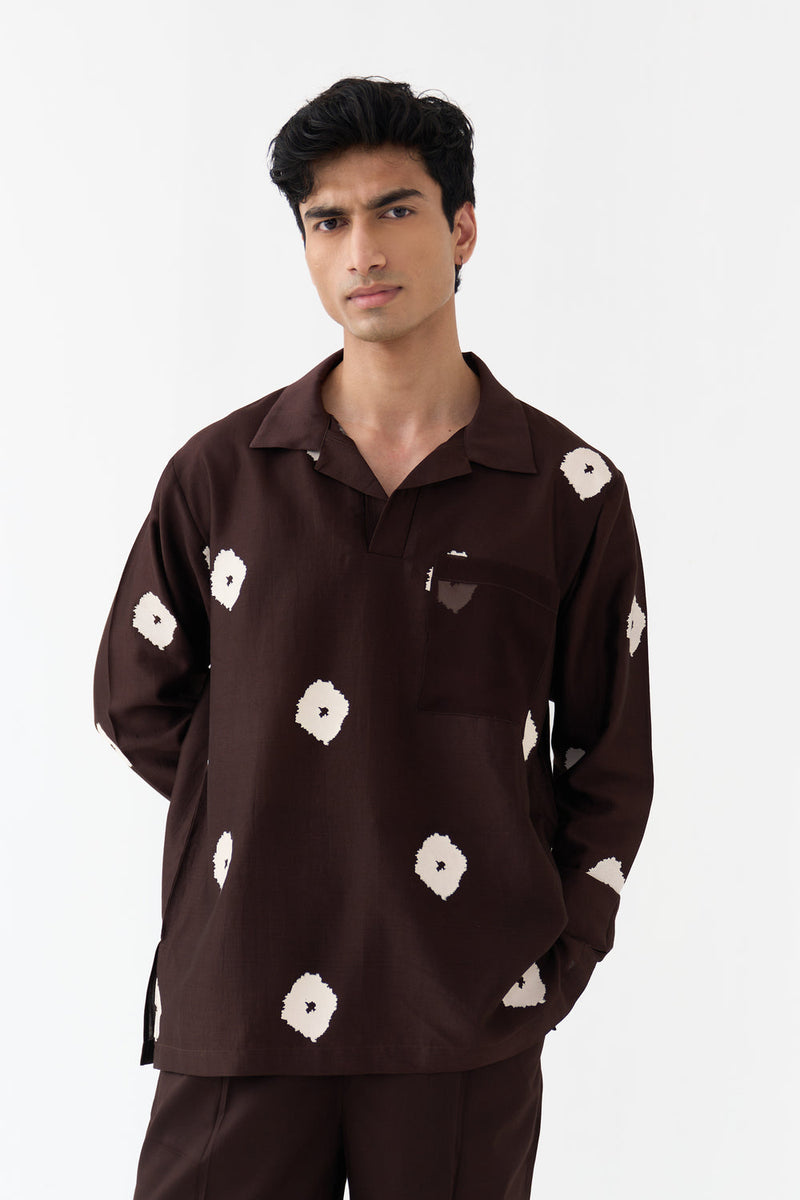 Block Print V-Neck Shirt chanderi shirt by THREE Men in dark brown for men in Singapore