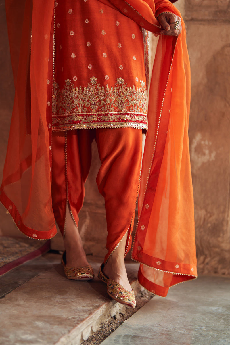 FAHMIDA - BURNT ORANGE SHORT KURTA WITH SALWAR chanderi silk kurta/kurta set by SHEETAL BATRA in orange for women in Singapore