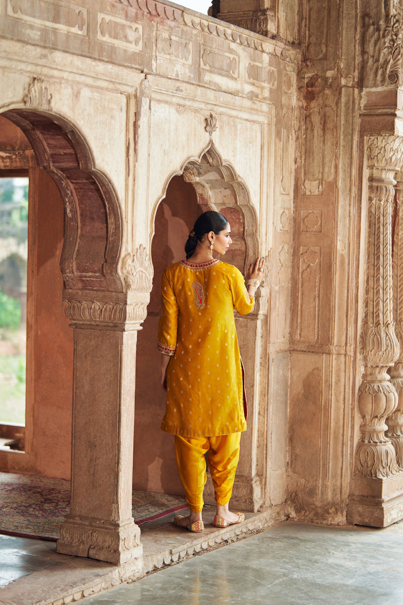 FAHMIDA - MUSTARD SHORT KURTA WITH SALWAR chanderi silk kurta/kurta set by SHEETAL BATRA in mustard for women in Singapore