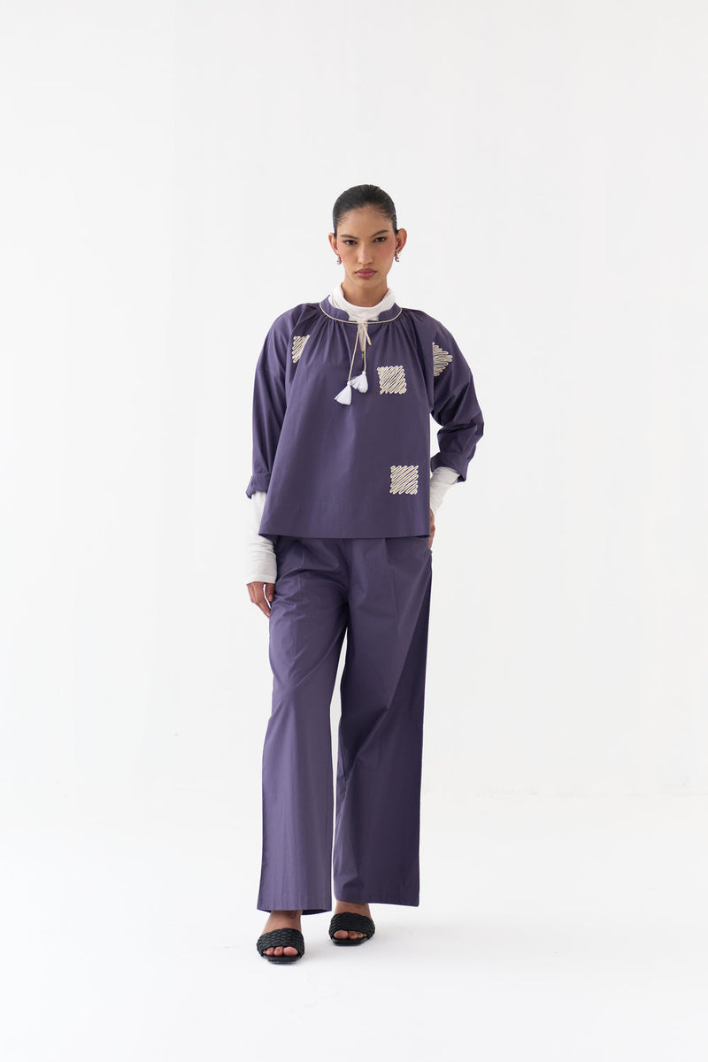 Wave Emb. Top-Ash Violet poplin top/shirt by THREE in violet for women in Singapore