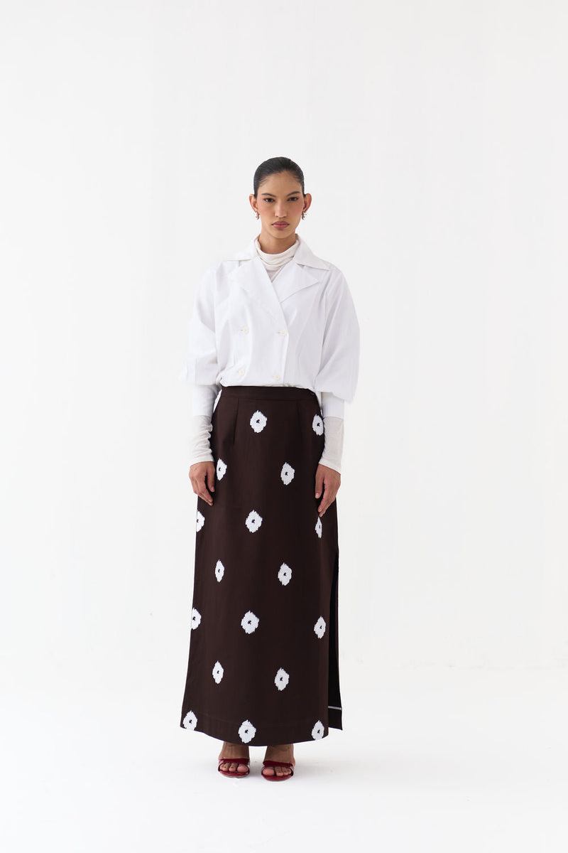 Hand Block Print Skirt Co-Ord (Set Of 2)-Dark Brown hard cotton twill co-ord set by THREE in brown, white for women in Singapore