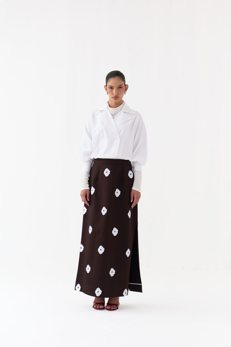 Hand Block Print Skirt-Dark Brown hard cotton twill skirt by THREE in brown for women in Singapore