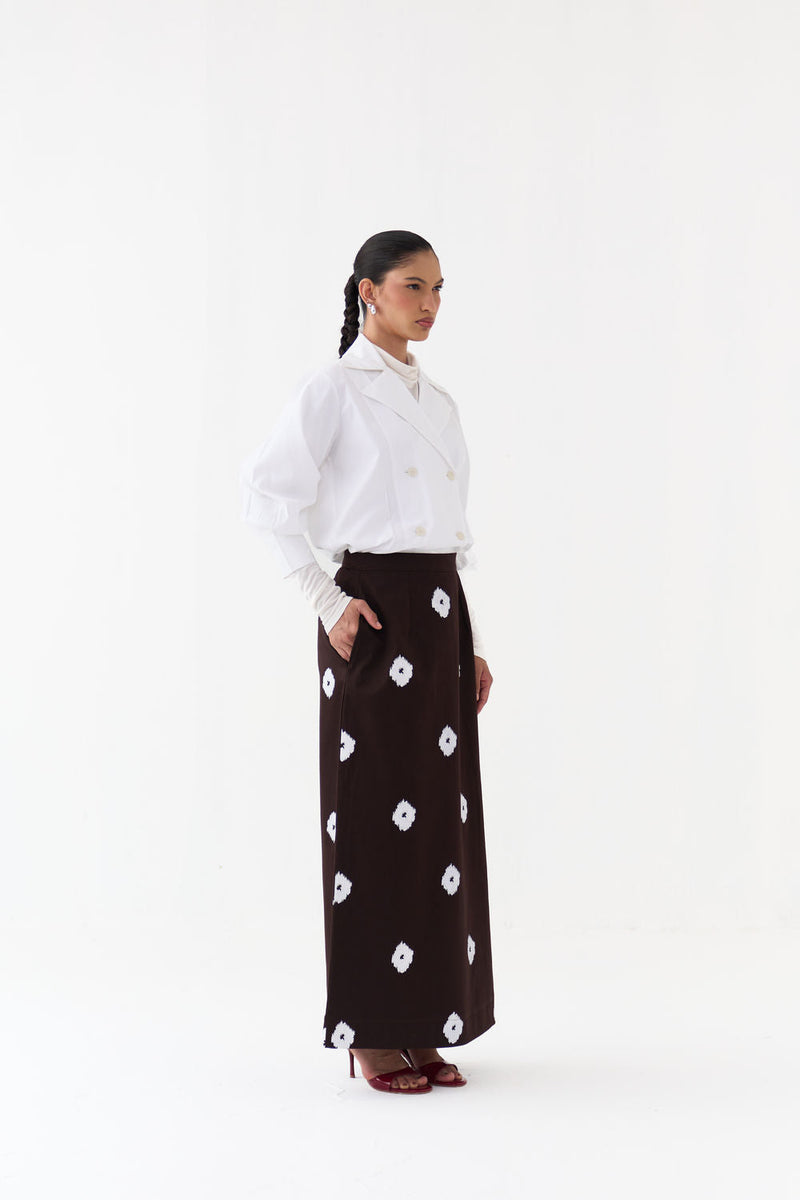Hand Block Print Skirt Co-Ord (Set Of 2)-Dark Brown hard cotton twill co-ord set by THREE in brown, white for women in Singapore