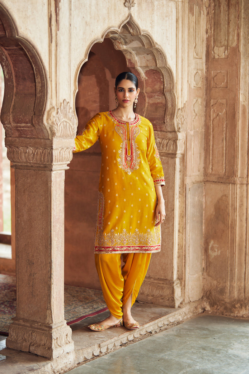 FAHMIDA - MUSTARD SHORT KURTA WITH SALWAR chanderi silk kurta/kurta set by SHEETAL BATRA in mustard for women in Singapore