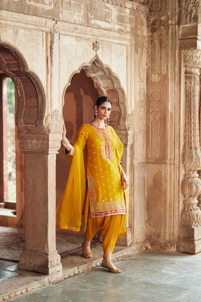 FAHMIDA - MUSTARD SHORT KURTA WITH SALWAR chanderi silk kurta/kurta set by SHEETAL BATRA in mustard for women in Singapore