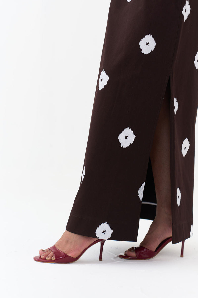 Hand Block Print Skirt Co-Ord (Set Of 2)-Dark Brown hard cotton twill co-ord set by THREE in brown, white for women in Singapore