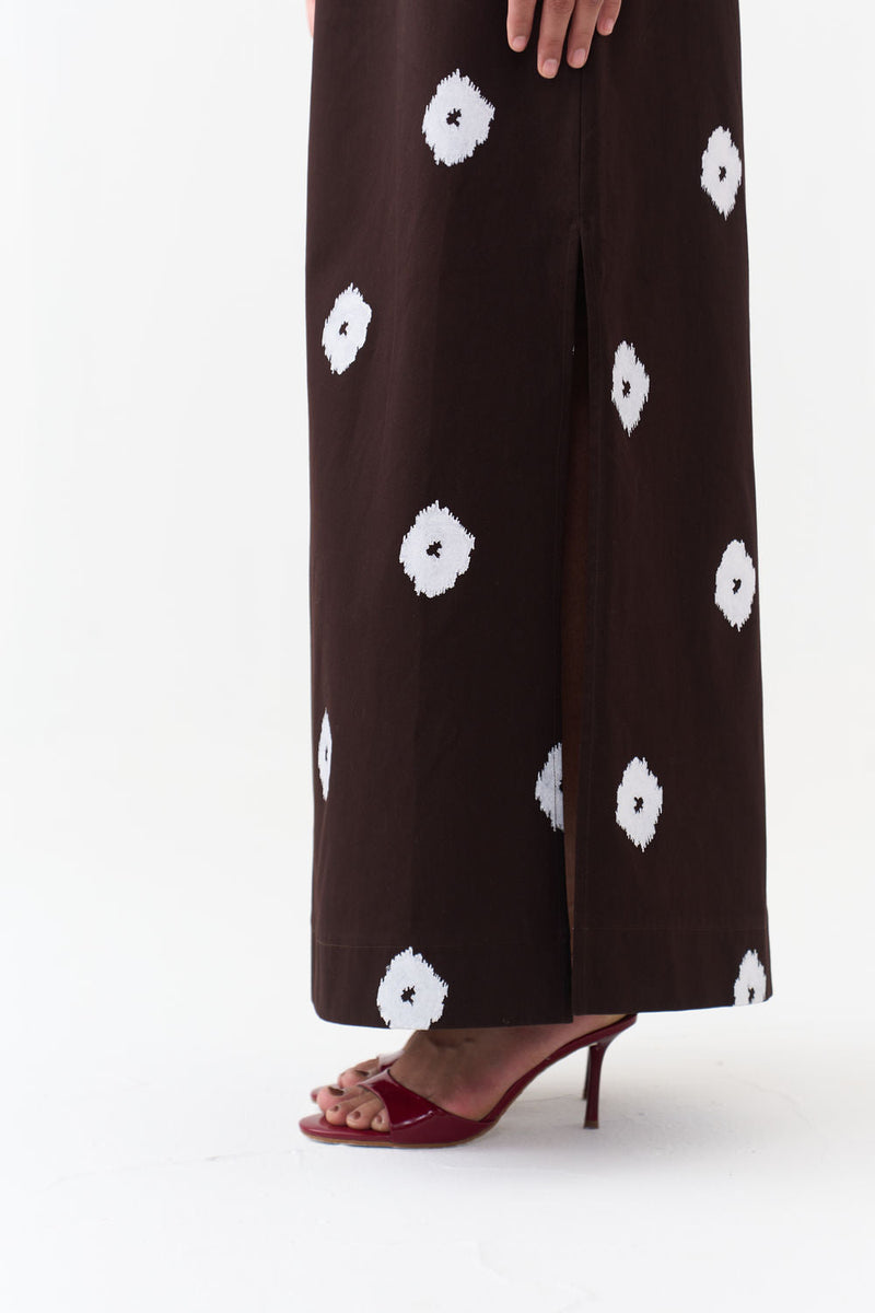 Hand Block Print Skirt-Dark Brown hard cotton twill skirt by THREE in brown for women in Singapore