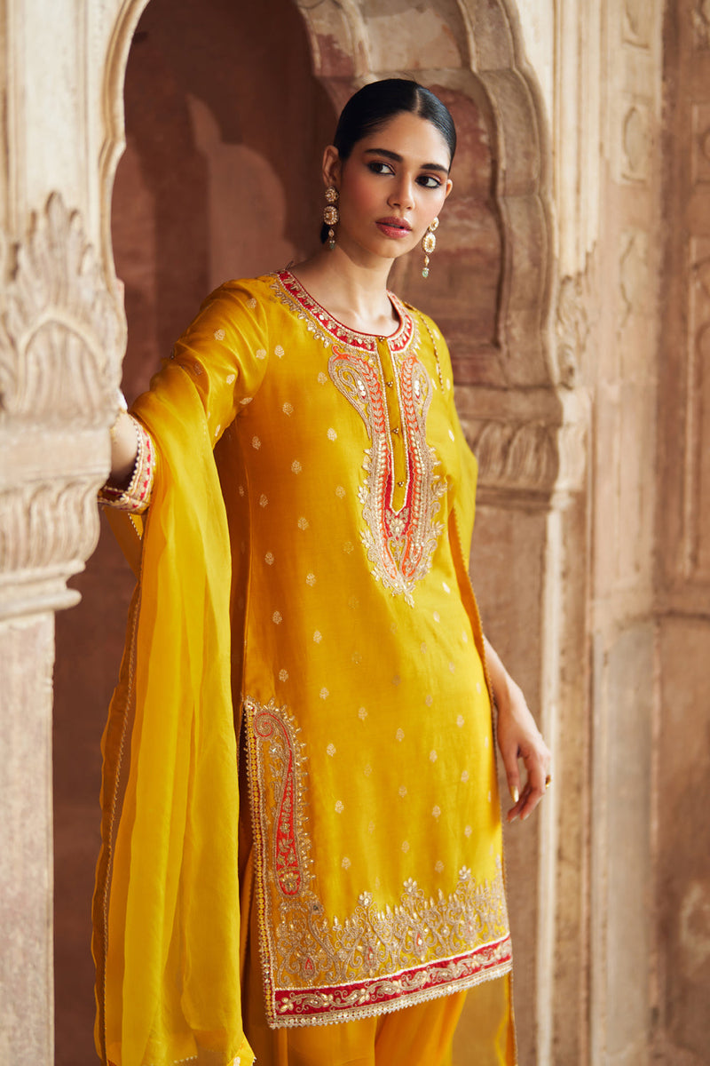 FAHMIDA - MUSTARD SHORT KURTA WITH SALWAR chanderi silk kurta/kurta set by SHEETAL BATRA in mustard for women in Singapore