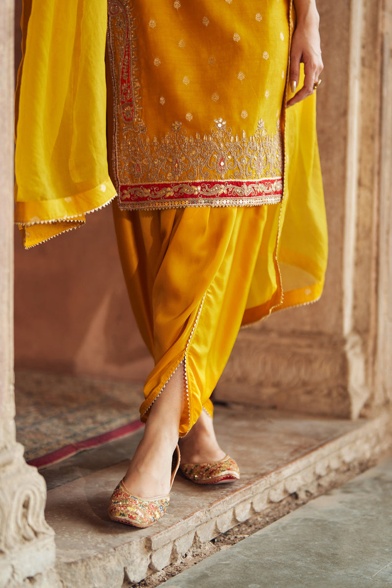 FAHMIDA - MUSTARD SHORT KURTA WITH SALWAR chanderi silk kurta/kurta set by SHEETAL BATRA in mustard for women in Singapore