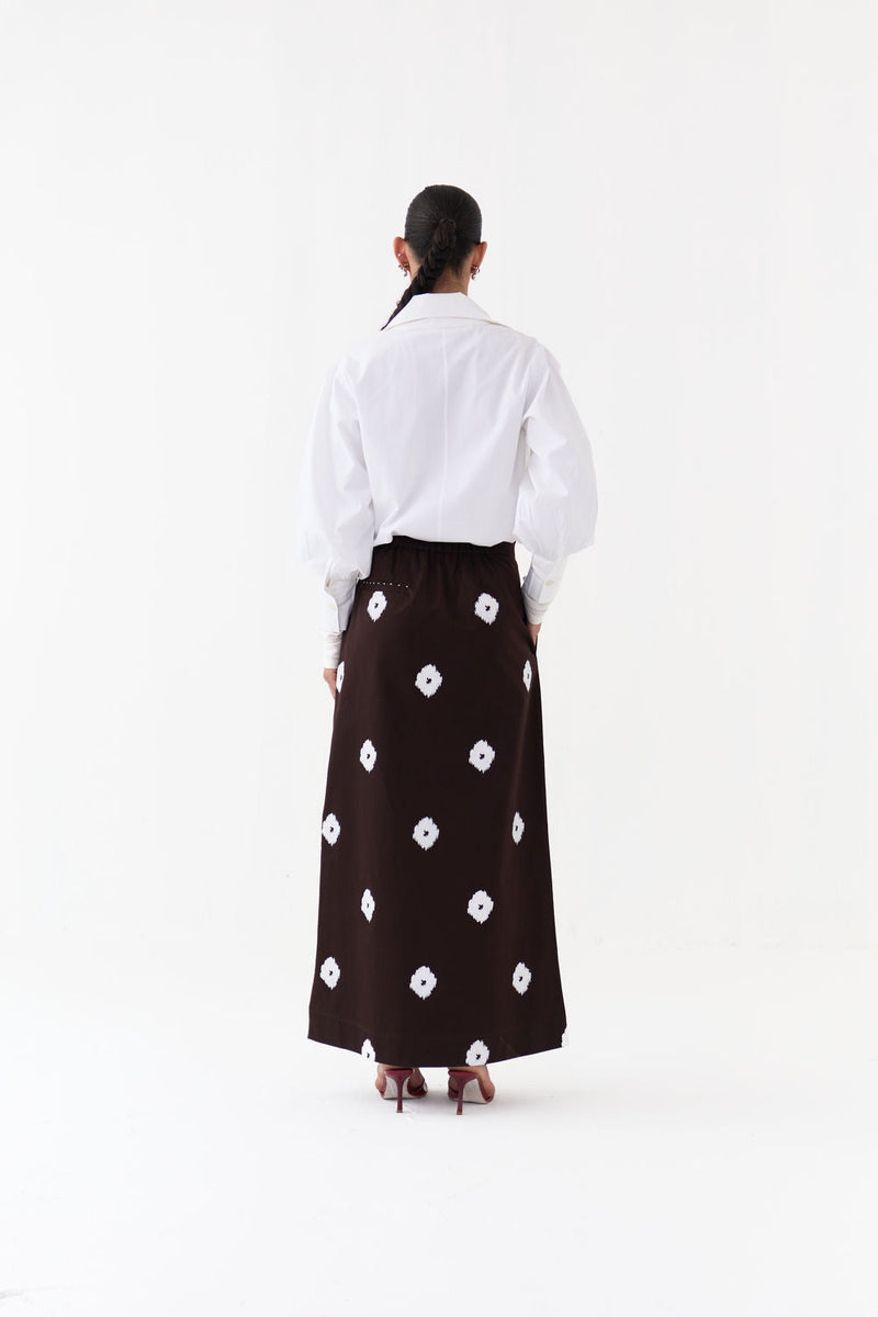 Hand Block Print Skirt Co-Ord (Set Of 2)-Dark Brown hard cotton twill co-ord set by THREE in brown, white for women in Singapore