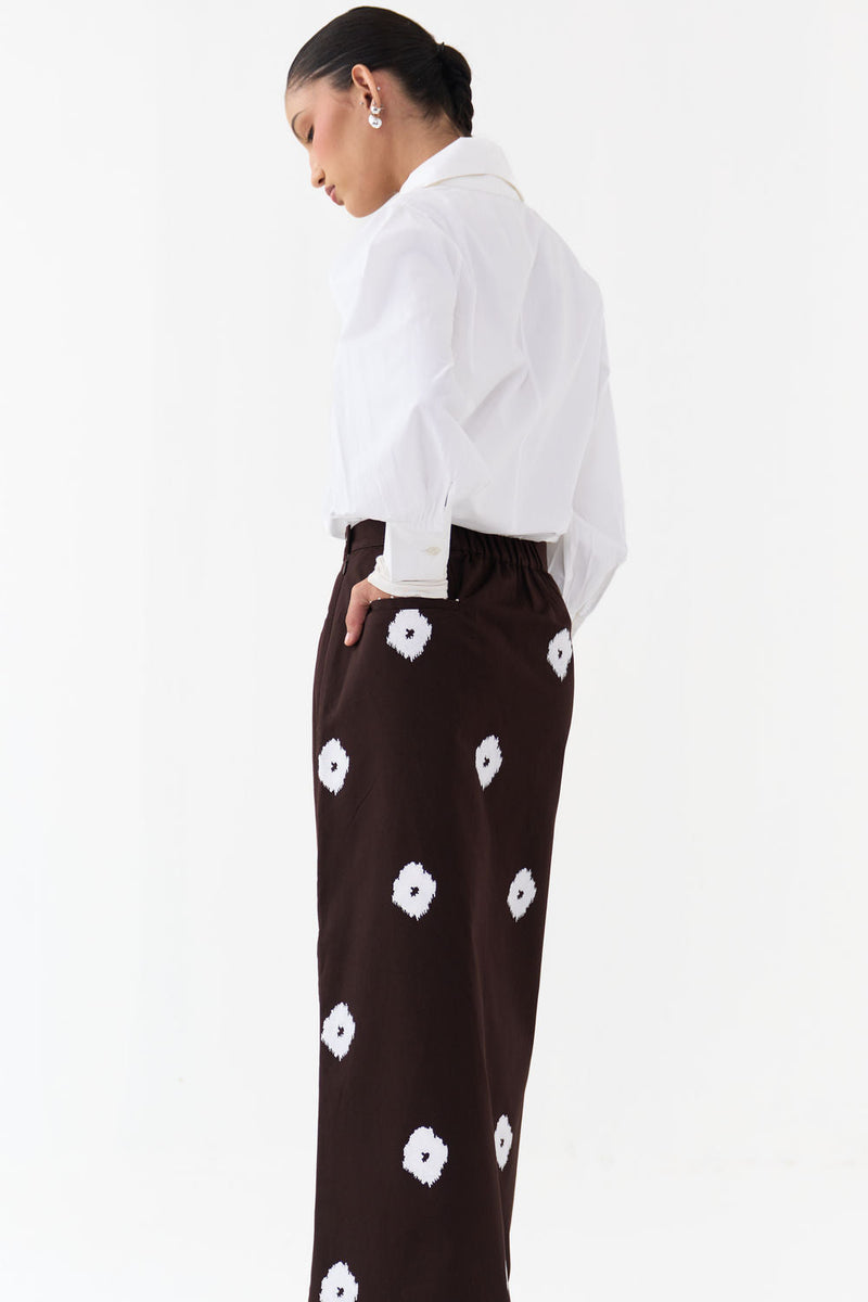 Hand Block Print Skirt-Dark Brown hard cotton twill skirt by THREE in brown for women in Singapore
