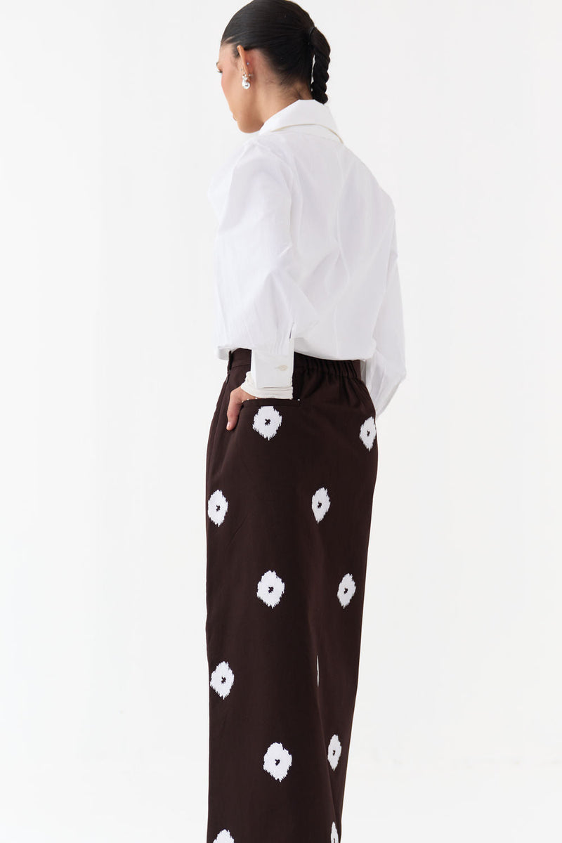 Hand Block Print Skirt Co-Ord (Set Of 2)-Dark Brown hard cotton twill co-ord set by THREE in brown, white for women in Singapore
