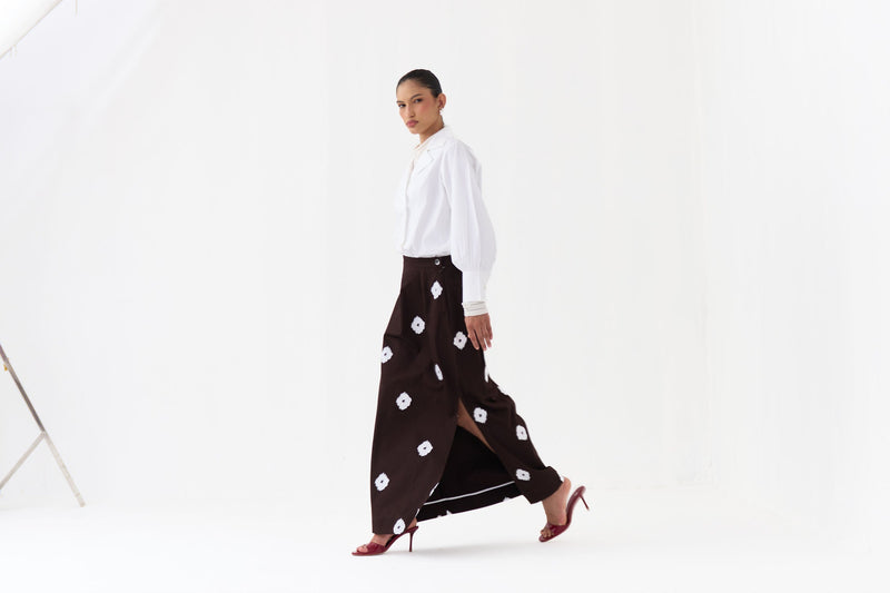 Hand Block Print Skirt Co-Ord (Set Of 2)-Dark Brown hard cotton twill co-ord set by THREE in brown, white for women in Singapore