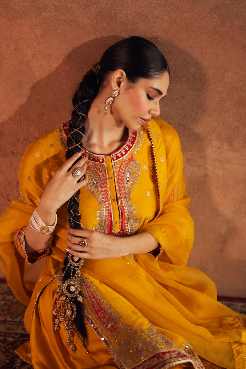 FAHMIDA - MUSTARD SHORT KURTA WITH SALWAR chanderi silk kurta/kurta set by SHEETAL BATRA in mustard for women in Singapore