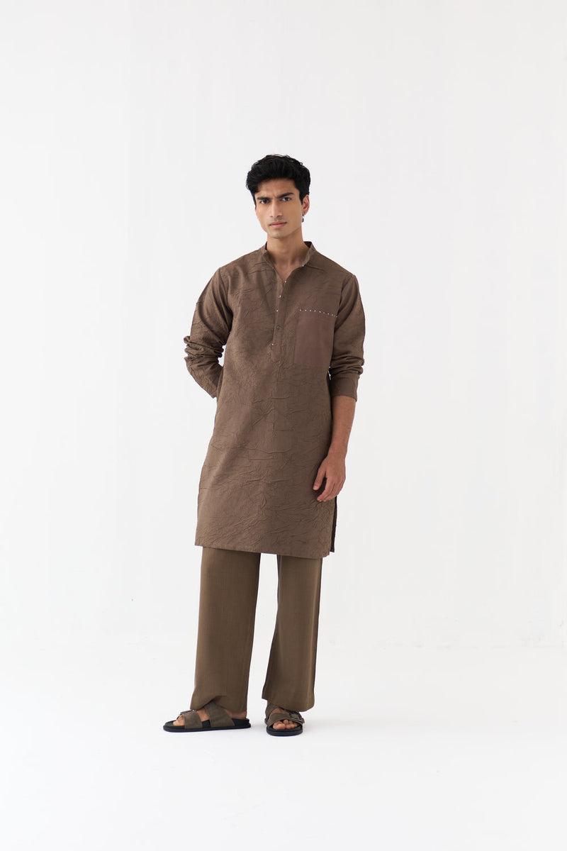 Crush Texture Kurta Co-Ord handwoven cotton mul co-ord set by THREE Men in brown for men in Singapore