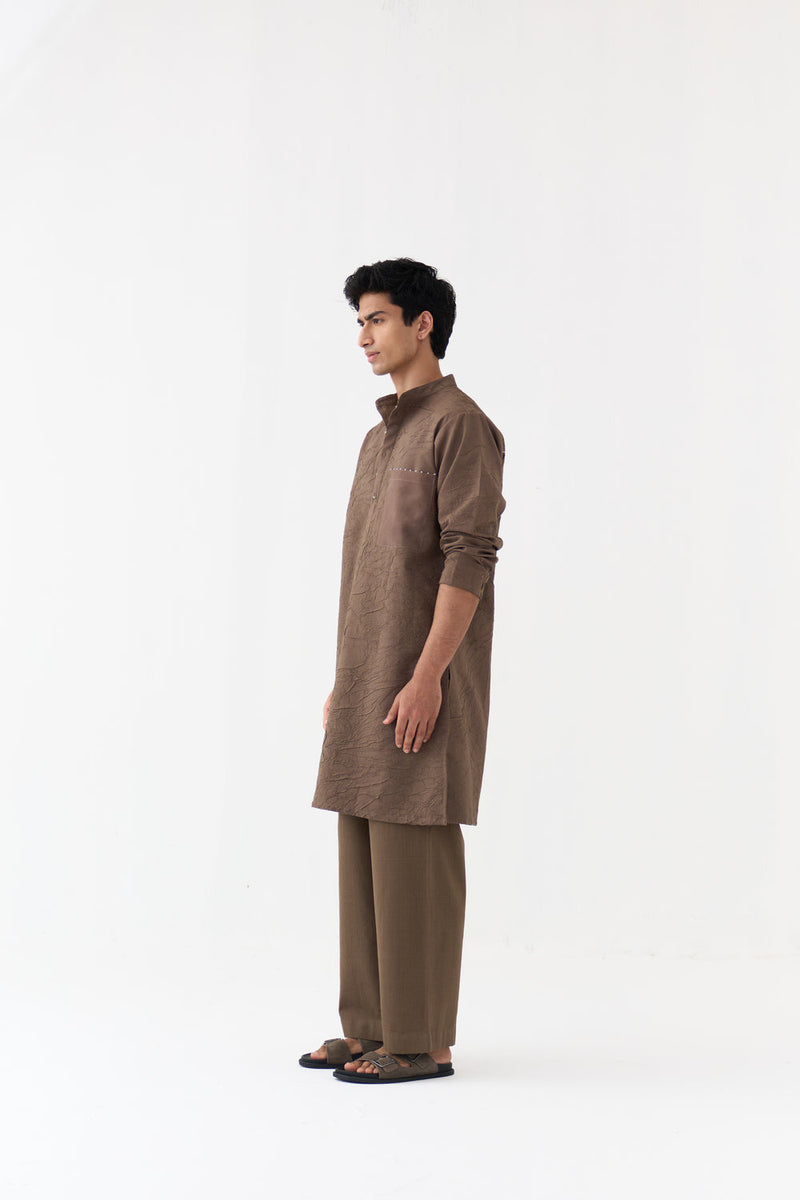 Crush Texture Kurta handwoven cotton mul kurta/kurta set by THREE Men in brown for men in Singapore