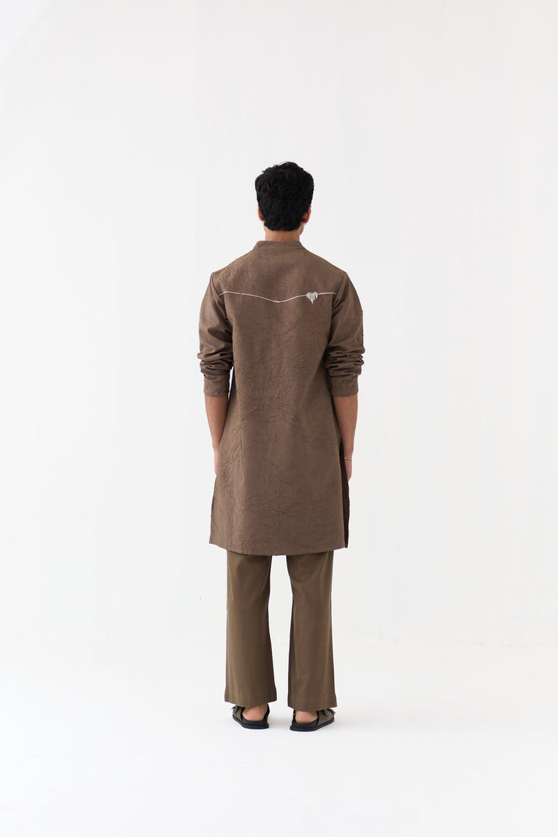 Crush Texture Kurta Co-Ord handwoven cotton mul co-ord set by THREE Men in brown for men in Singapore
