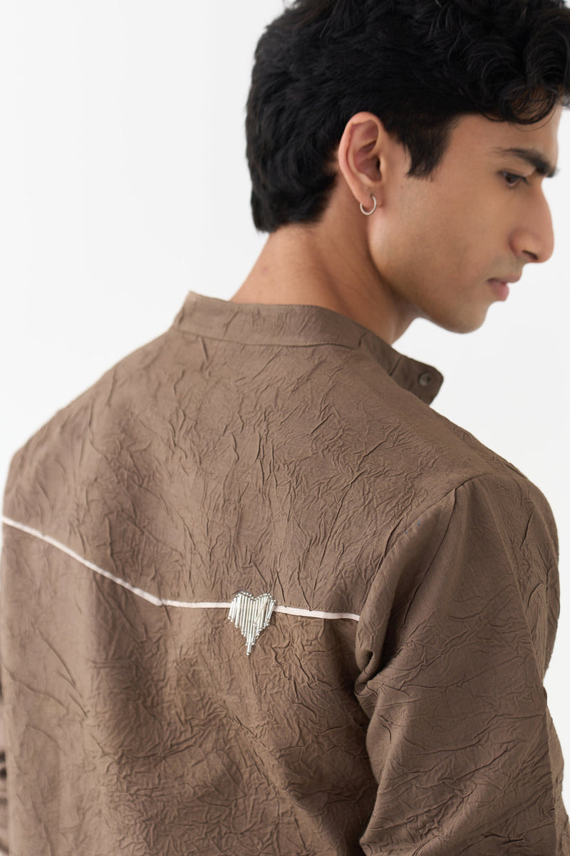 Crush Texture Kurta Co-Ord handwoven cotton mul co-ord set by THREE Men in brown for men in Singapore