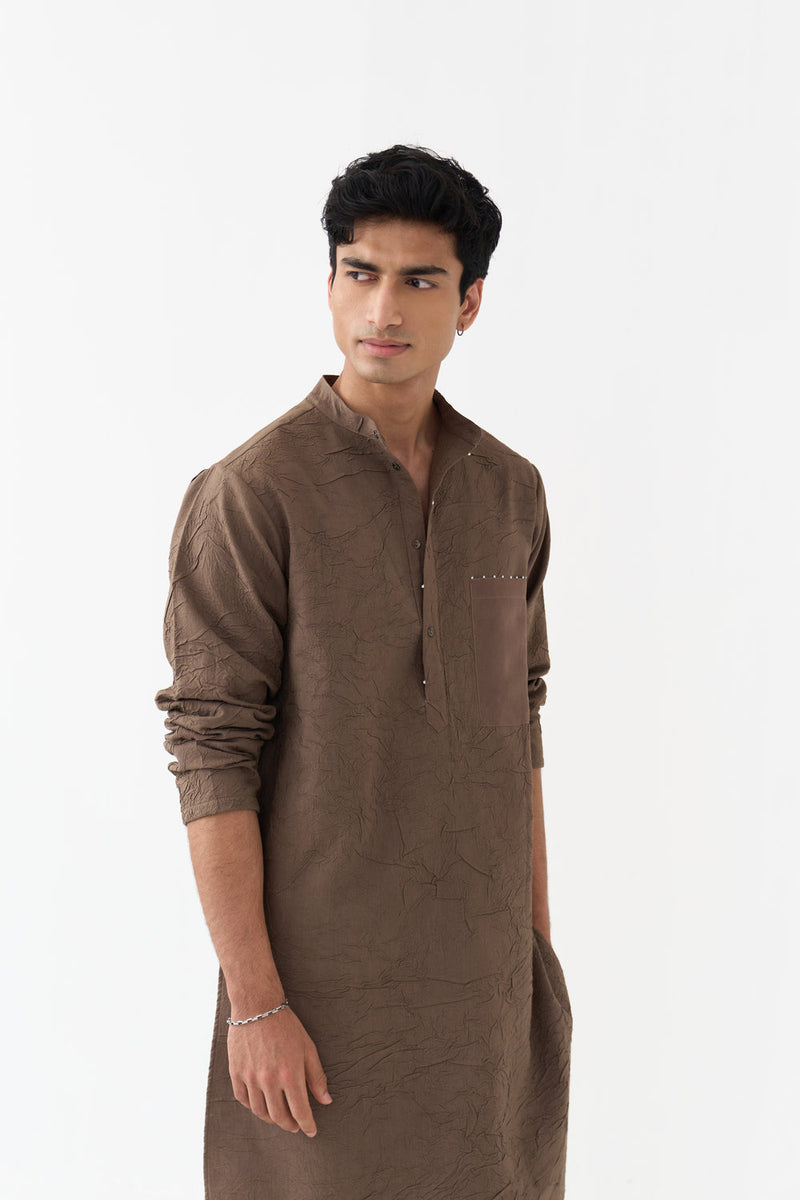 Crush Texture Kurta handwoven cotton mul kurta/kurta set by THREE Men in brown for men in Singapore