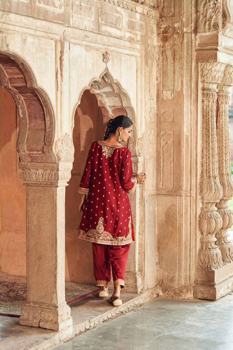 MEHWISH - DEEP RED SHORT KURTA WITH SALWAR AND DUPATTA chanderi silk kurta/kurta set by SHEETAL BATRA in red for women in Singapore