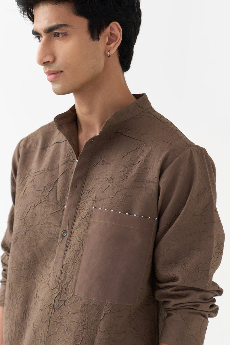 Crush Texture Kurta Co-Ord handwoven cotton mul co-ord set by THREE Men in brown for men in Singapore