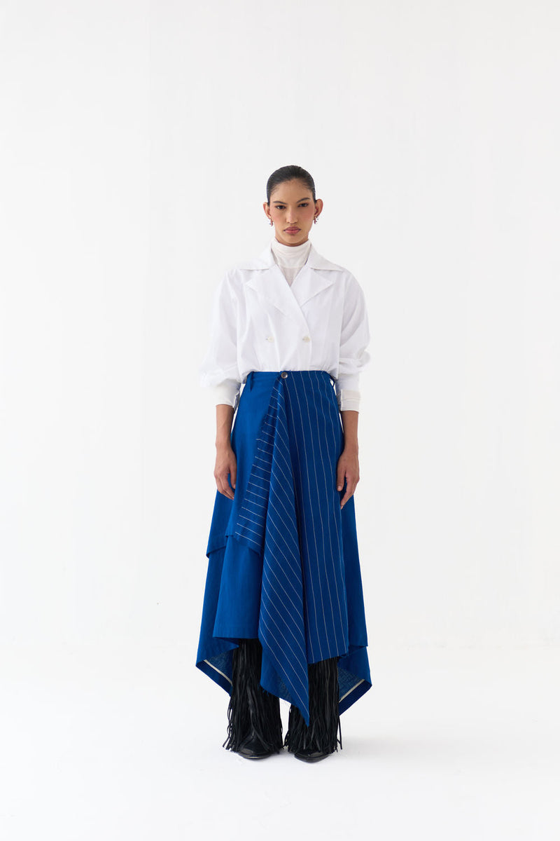 Handkerchief Skirt Co-Ord (Set Of 2)-Cobalt Blue handwoven cotton co-ord set by THREE in blue, white for women in Singapore