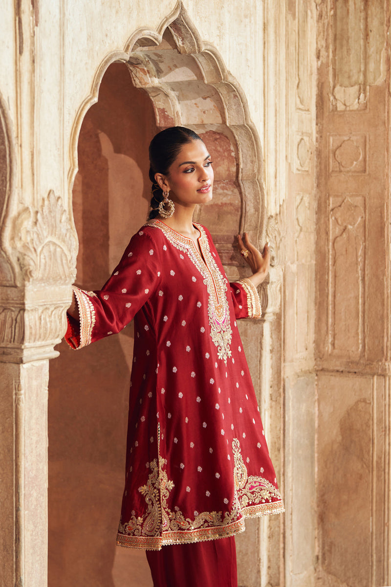 MEHWISH - DEEP RED SHORT KURTA WITH SALWAR AND DUPATTA chanderi silk kurta/kurta set by SHEETAL BATRA in red for women in Singapore