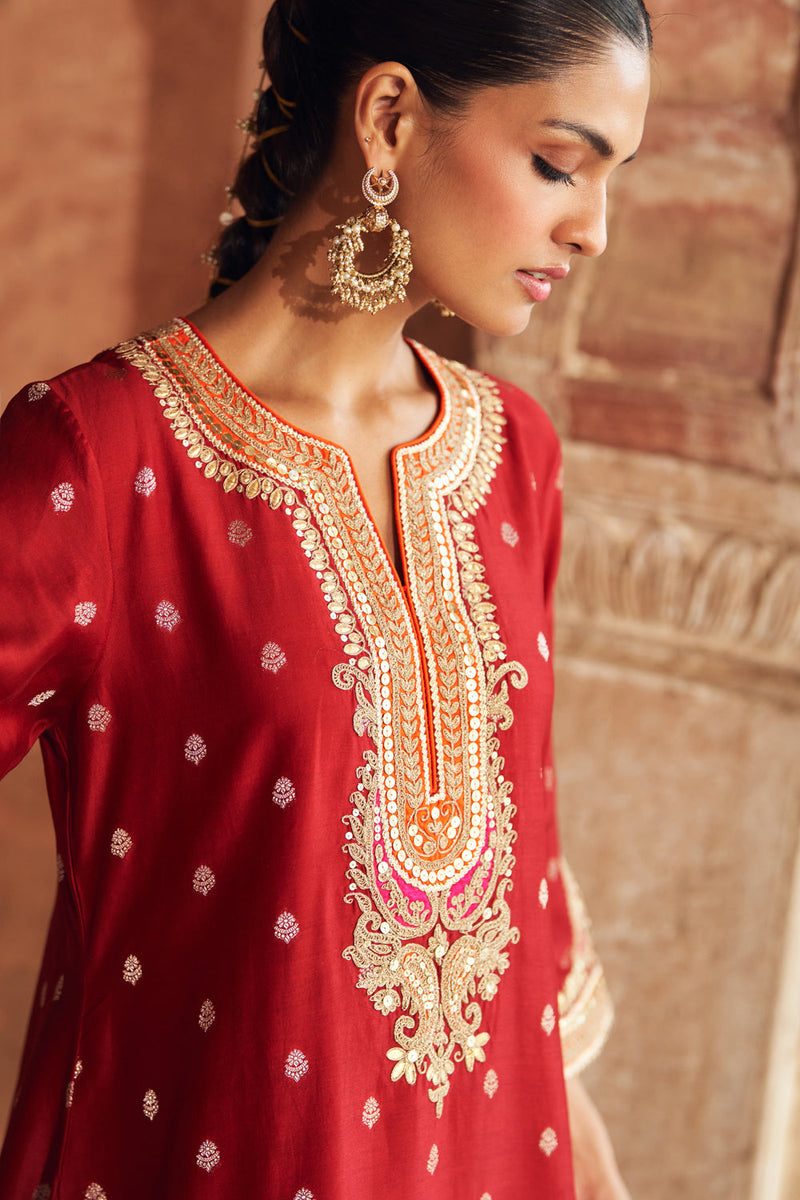 MEHWISH - DEEP RED SHORT KURTA WITH SALWAR AND DUPATTA chanderi silk kurta/kurta set by SHEETAL BATRA in red for women in Singapore