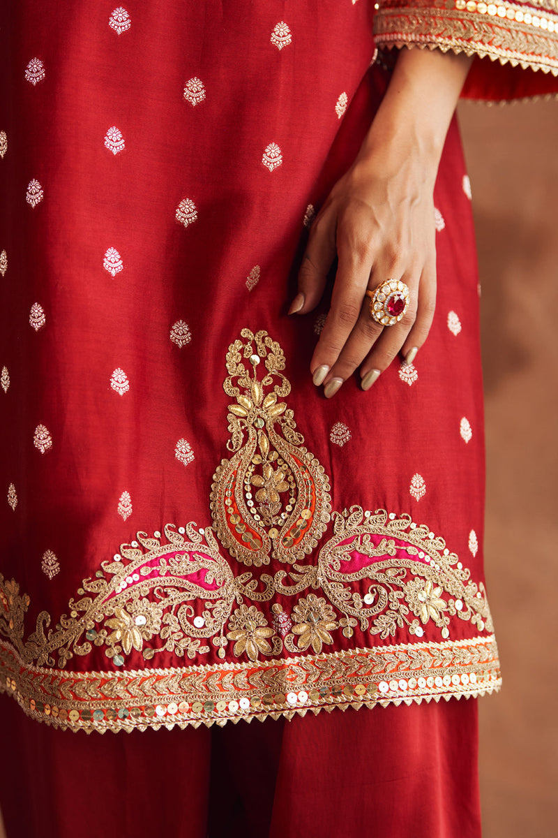 MEHWISH - DEEP RED SHORT KURTA WITH SALWAR AND DUPATTA chanderi silk kurta/kurta set by SHEETAL BATRA in red for women in Singapore