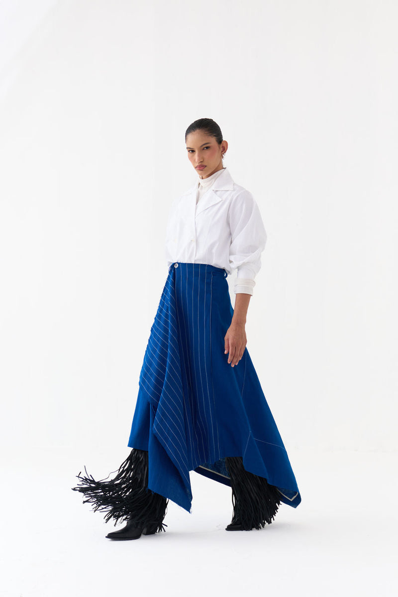 Handkerchief Skirt Co-Ord (Set Of 2)-Cobalt Blue handwoven cotton co-ord set by THREE in blue, white for women in Singapore
